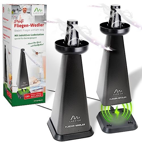 GARDIGO® 2x Anti Vespe, Anti Mosche Professionale | Base per Ricarica | Scaccia Mosche da Tavolo di Hotel, Catering, Giardino, Ristorante | Ventilatore per Mosche | Repellente Vespe