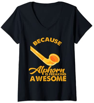 Damen Cooles Alphorn Musikinstrument in der Schweiz Alpen Souvenir T-Shirt mit V-Ausschnitt