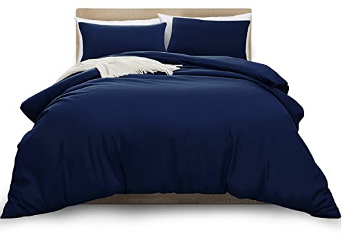 MOONLIGHT20015 Double Duvet Cover Set Navy Solid Soft Double Bedding Duvet Cover with 2 Matching Pillowcases