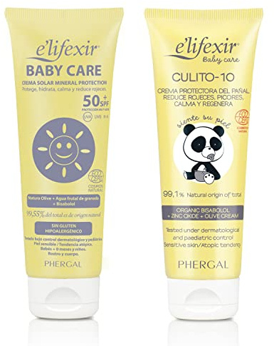 Crema Solar Niño y Bebé SPF 50 + Culito 10 | Elifexir Baby Care | Protector Solar UVA/UVB/IR-A con 100% Filtros Minerales y Resistente al Agua, Crema Protectora de Pañal Ecocert, 100ML + 75ML