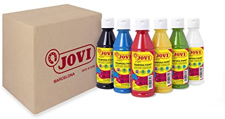 Jovi - Tempera liquide, boîte de 6 bouteilles de 250 ml, couleurs primaires, peinture à base d'ingrédients naturels, facile à laver, sans gluten, idéale pour un usage scolaire (502/6A)