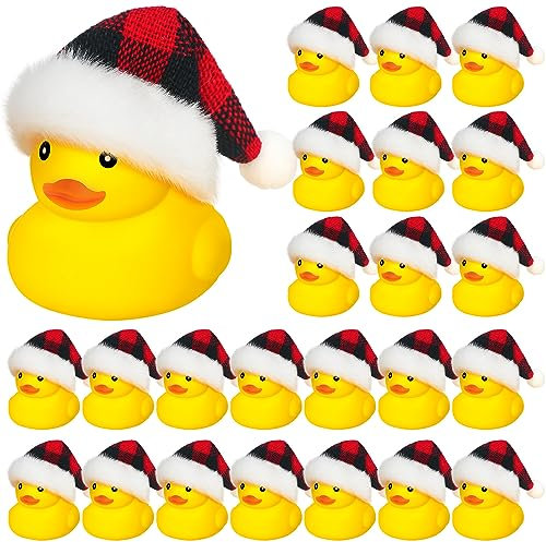 Liliful Christmas Mini Rubber Ducks with Hat Bulk,48 Pcs,Berry Plaid Hat
