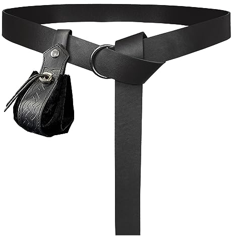 HiiFeuer Mittelalter O-Ring-Gürtel mit Nordischem Retro-Kordelzugbeutel, Renaissance Kunstleder Gürtel und Geldbeutel Set für LARP (Schwarz C)