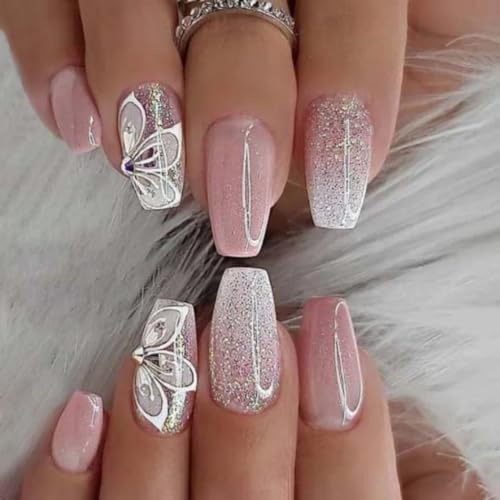 JUSTOTRY 24 Stück Weiß Sarg Nägel Zum Aufkleben Mittel mit Butterfly Motiv,Pink French Press on Nails,Glossy Coffin Künstliche Nägel,Ballerina Fingernägel Fake Nails für Frauen