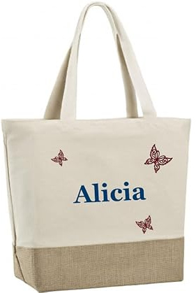 Générique Grand Sac cabas personnalisé prénom, personnalisable en coton et en toile de jute écologique avec fermeture zip 49x35x17cm, cadeau, noël, femme, sac de plage, atelier français