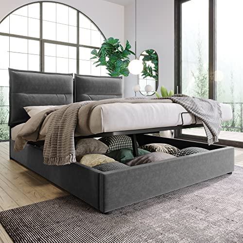 Bett 140x200 Mit Stauraum, Hydraulisch Polsterbett Doppelbett Stauraumbett Schlafzimmerbett Mit Lattenrost aus Metallrahmen Und Verstellbares Kopfteil Bett, Samt Bettgestell, Grau, Ohne Matratze