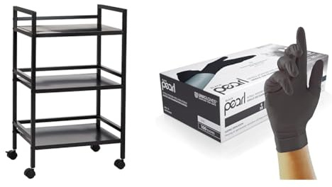 Amazon Basics Kitchen Trolley Metal Serving Cart With 3 Tier Storage, Black & Unigloves Black Pearl Nitrile Examination Gloves - Multipurpose, Powder Free, Medium (GP0033)