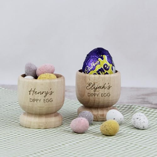 eBuyGB Personalised Egg Cup with Any Name, Engraved Wooden Egg Cup, Easter Gift for Kids, Dippy Egg Holder, 1st Easter Gift, Easter Stocking Filler (Pack of 2)