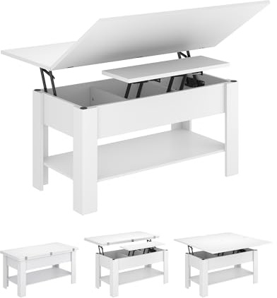 KIMENICH Couchtisch Höhenverstellbar, 3-in-1-Multifunktions-Wohnzimmertisch, Kaffeetisch, Versteckter Aufbewahrung, Offenes Fach, Als Esstisch nutzbar, für Wohnzimmer, Büro, Weiß