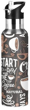 Ksajwzf Coffee Insulated Water Bottle Stainless Steel Kids Sport Thermos Jug with Straw Lid Vintage Coffee Water Flask Leakproof Thermos Bottle for Bike Running Walking Outdoor 20 Oz