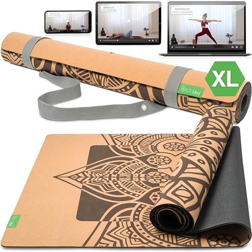BACKLAXX® Yogamatte Kork XXL mit Naturkautschuk, rutschfeste Korkmatte | Yogamatten XXL: 50% mehr Fläche, Oberseite Kork, Naturkautschuk 4 mm, Anti-Rutsch-Zonen, rutschfest, mit Tragegurt