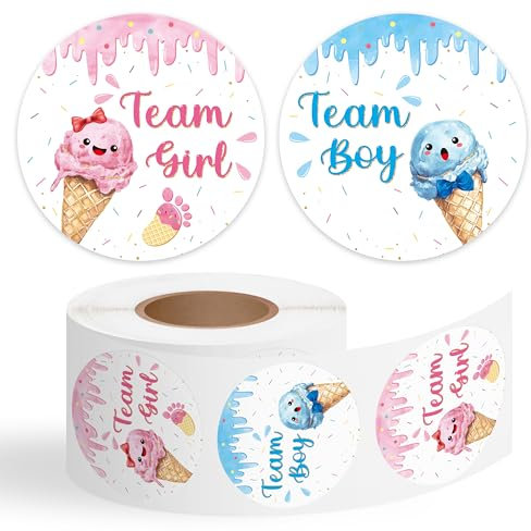 FeuuWamme Ice Cream Gender Reveal Stickers - 500Pcs Team Boys or Girls 2” Labels Party Supplies Favors Pink and Blue Roll Pack Sticker for Baby Shower Reveal What's The Scoop Party Voting Game Ideas