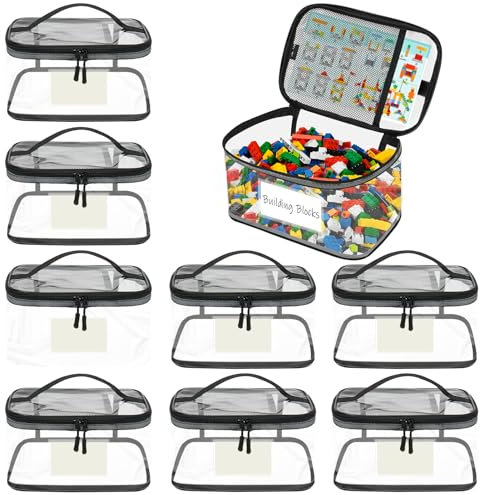 8 Stück Spielzeug-Aufbewahrungstaschen mit Namensetikett und Anleitung Beutel, Wasserdicht mit Reißverschluss & Netzfächern, Kuscheltier Aufbewahrung für Lego Bausteine, Badespielzeug, Puzzle