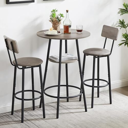 ILCQU 3-Piece Dining Table Set for 2, Small Round Kitchen Table with 2 Chairs, Counter Height Bar Table with Storage, Pub Table and PU Upholstery Stools for Small Space, Apartment, Bistro-Grey