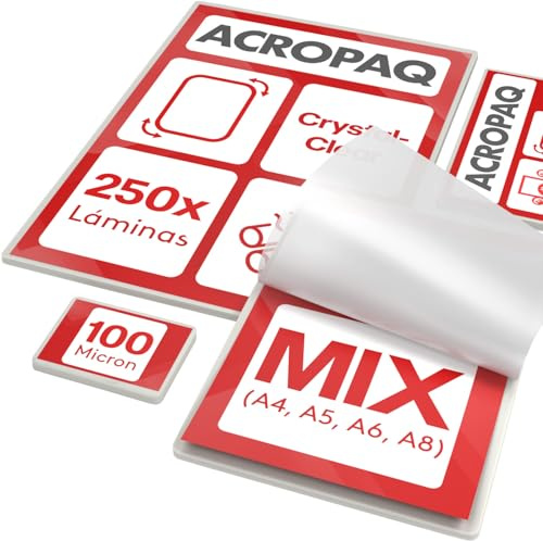 ACROPAQ Laminierfolien MIX - Verschiedene Größen, 100 Mikron, 250 Stück (50 x A5, A6, A8), (100 x A4), Premium Qualität, Glänzende Oberfläche, Vorgerundete Ecken - Laminierfolie, Folierfolien