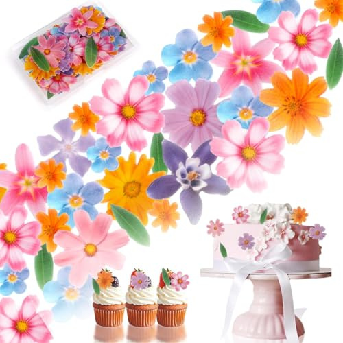 KEWUF 50 Pcs Fleur De Comestibles Toppers Gâteau, Comestible Décoration de Cupcake Comestible Fleurs De Choix Mariage Fête De Douche De Bébé Anniversaire Décoration De Gâteau(B)
