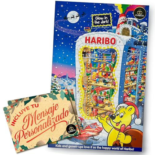 Calendrier de l’Avent HARIBO 2025 · Édition Lumineuse Brille dans le Noir · 24 Sachets de Bonbons Gélifiés Variés · Inclut Carte Personnalisée Cia&Co · Idéal Enfant, Famille ou Cadeau Original de Noël