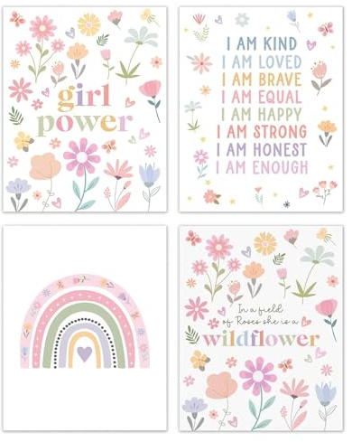 Komergave 4 Stück Boho Motivation Poster, Motivierende Leinwand Druck Wandbilder mit Regenbogen & Blumen, Wanddeko Bilder Babyzimmer Mädchen Kinderzimmer Deko für Mädchen, Ohne Rahmen (20x30cm)