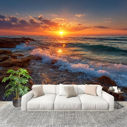 Mural Papel Pintado 3D 300x210 cm Olas Al Atardecer Junto Al Mar Fotomurales Tejido No Tejido Antiarrugas Póster Color Naranja Murales Fotográfico Moderno Decoración de Paredes