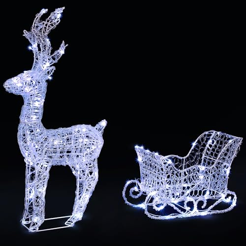 VeryMerry Pre-Lit Reindeer with Sleigh, Extra Large 85cm with 180 LED Light Up Acrylic Figures Garden Christmas Decoration, Auto-Off Timer, Indoor and Outdoor use - Cool White