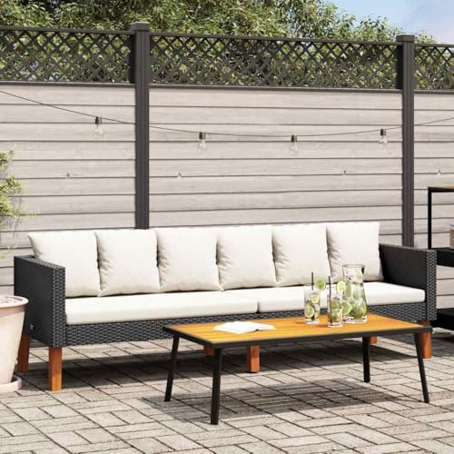 Bucmath 3-Sitzer-Gartensofa, Poly Rattan Schwarz, mit Cremeweißen Kissen, Robustes Outdoor Möbel, 218 cm breit, für Terrasse und Garten, wetterfest