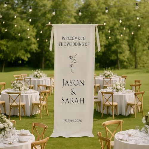 MEIEG Cartello di Benvenuto for Matrimonio Personalizzato, Striscione Personalizzato in Tessuto di Lino con Nome E Data, Striscione D'ingresso for Cerimonia Rustica Ed Elegante(60X200 cm)