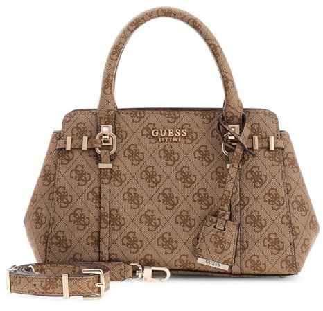GUESS Handtasche Umhängetasche Leona Logo Multi Compartment Satchel Latte Logo hellbraun