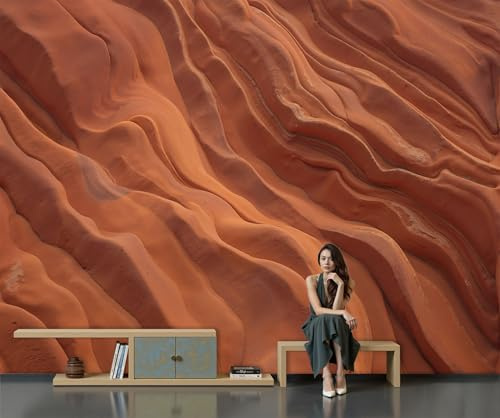 DLERFLOVR Carta da Parati Texture Naturale, 300x210cm Fotomurali in Seta Arenaria Ondulata XXL Poster Gigante Design Decorazione da Muro per Camera da Letto, Soggiorno, Bagno, Rosso-Arancio