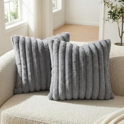 Neelvin 2er Set Dekorative Flauschig Plüsch Kissenbezug Gestreifte Künstlich Pelz Kissenbezüge Kissenhülle Dekokissen Zierkissenbezüge Sofakissen für Couch Sofa Wohnzimmer 40x40cm Grau