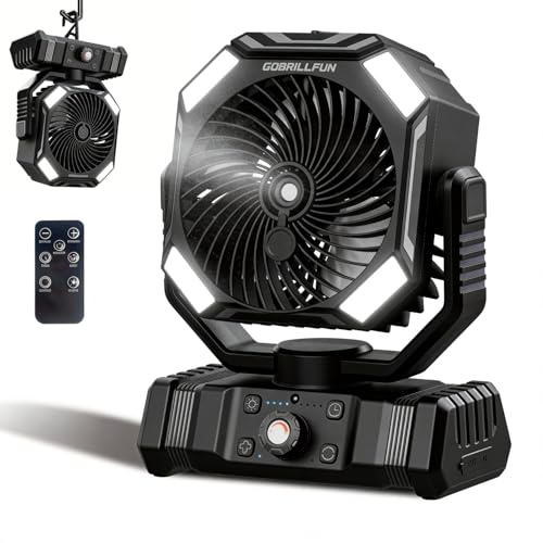 GOBRILLFUN Fjärrkontroll dimmande fläkt, 10 000 mAh batteridriven bärbar fläkt med 250 ml tank, svängande kylfläkt, 2 dimlägen, LED-ljus, timer, uppladdningsbar för camping uteplats strand kontor
