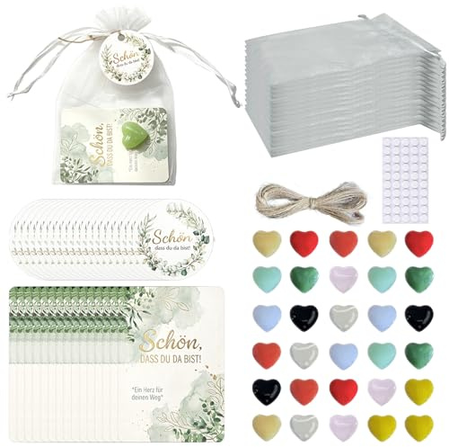 30 Set Herz Steine Gastgeschenke Hochzeit Schön Dass Du Da Bist Geschenk | Gastgeschenke mit Glücksbringer Kristalle Karte Organzabeutel und Hanfseil für Hochzeit Taufe Kommunion Konfirmation Gäste