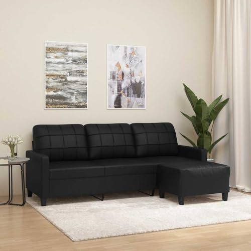 sephironlbb 3-Sitzer-Sofa mit Hocker Schwarz Kunstleder 180 cm Sitzbreite Wohnlandschaft Wohnzimmer Couch Polstergarnitur mit Ottomane und Relaxfunktion für Gästezimmer und Jugendzimmer