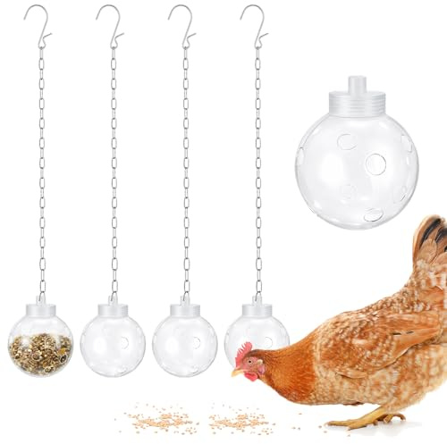 4 Pcs Chicken Treat Dispenser, Interactive Slow Feeder Hanging Chicken Treat Ball with Metal Chain, Pecking Foraging Toy, Durable Coop Accessory for Backyard Hens and Poultry Flock
