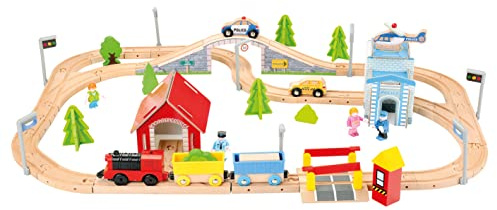 Bino & Mertens 1 Holzeisenbahn, Spielzeug für Kinder ab 3 Jahre, Kinderspielzeug Holzeisenbahn elektronische Lok, Holzspielzeug mit Zubehör, kompatibel zu allen marktüblichen Systemen