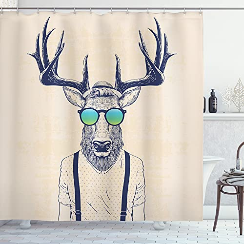 ABAKUHAUS Geweih Duschvorhang, Hipster Cool Fun Tier, Stoffliches Gewebe Badezimmerdekorationsset mit Haken, 175 x 180 cm, Beige Dunkelblau