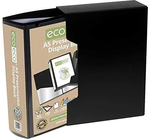 eco-eco A5 Size 50% Recycled 100 Pocket Black Presentation Display Book, Storage Case Portfolio Art Folder with Plastic Sleeves with Black Display Box