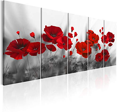 decomonkey Bilder Blumen Mohnblumen rot 150x60 cm 5 Teilig Leinwandbilder Bild auf Leinwand Wandbild Kunstdruck Wanddeko Wand Wohnzimmer Wanddekoration Deko Natur Weiß modern
