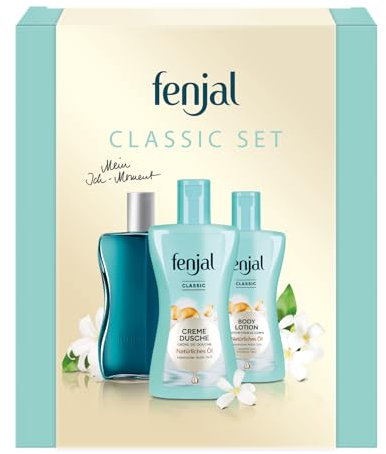 fenjal Set de regalo, 525 ml, 3 piezas, crema de ducha (1 x 200 ml), leche corporal (1 x 200 ml), baño de aceite (1 x 125 ml) – vegano, piel normal a muy seca – Classic