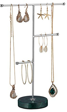 Relaxdays Schmuckständer, Fuß aus Marmor, Schmuck Aufbewahrung für Ketten, Ohrringe & Armbänder, 3 Stangen, grün/Silber