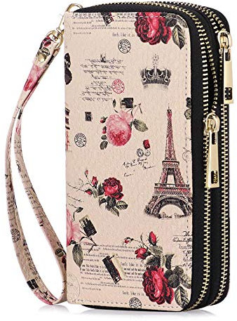 HAWEE Damen Lange Clutches Geldbörse Handschlaufe Portemonnaie Doppelter Reißverschluss Brieftasche Handy Geldbörse mit Mehreren Karten Slots für Münzen Bargeld Rechnung