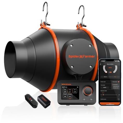 Spider Farmer Rohrventilator 100mm mit GGS Temp Feucht Controller, 350m³/h | Mit GGS Temperatur & Feuchtigkeitsregler, leiser 27W EC Abluftventilator für Growzelt, Growbox und Hydrokultur