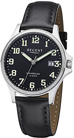 REGENT Herrenuhr mit Edelstahlgehäuse 36 MM Durchmesser 10 ATM Quarz Saphirglas Arabische Zahlen Datum