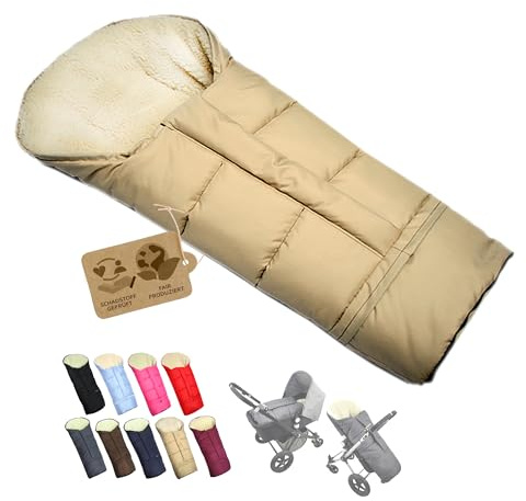 BambiniWelt by Rafael K. Winterfußsack – universaler Fußsack für Kinderwagen, Buggy & Schlitten in Mumienform – Lammwolle, größenverstellbar (90–110 cm), warm, waschbar & windabweisend (beige)