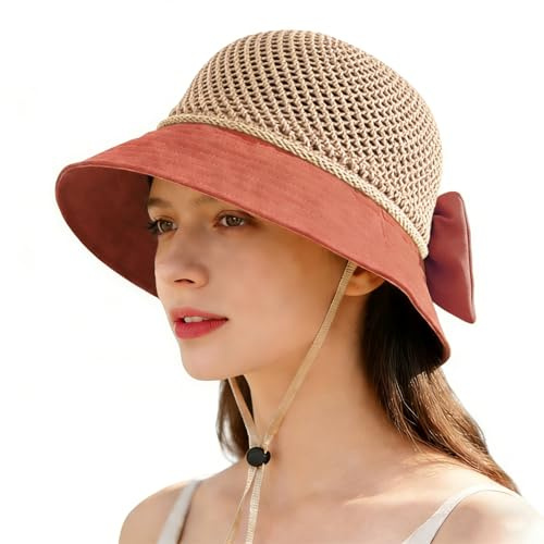 KXF Damen Sonnenhut mit breiter Krempe Mesh verstaubare Eimerkappe mit abnehmbarem Kinnband Pferdeschwanz Schleife Sonnenhut für Urlaub Sommer Strand Wandern Verstellbare Passform Schwarz, Orange,