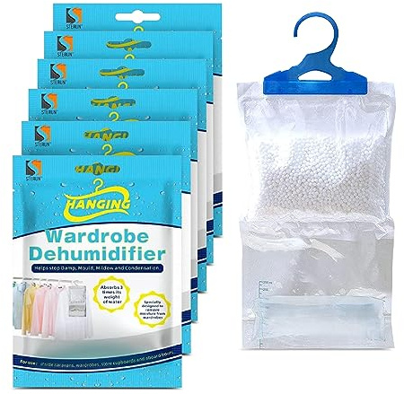 STERUN 6 Wardrobe Dehumidifier Hanging Bags With Leak Proof Storage Bag & Hanging Hook Ideal To Stop Mould, Mildew & Condensation For Wardrobe | Hanging Dehumidifier Bags | Damp Absorber (Pack of 6)