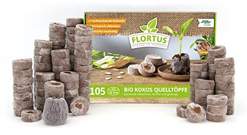 FLORTUS BIO Kokos Quelltöpfe | 105 Stück (36 mm) mit organischem BIO Dünger | Anzuchterde Kokos torffrei & biologisch abbaubar | Alternative zu Quelltabletten | Anzucht für Samen & Stecklinge