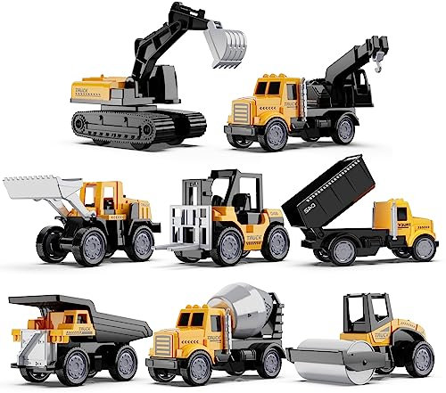 HONGTUO Baustellen Fahrzeuge Metall Kunststoff Bagger Spielzeugautos Transporter Kinderspielzeug für Kinder 3 4 5 Jahren，Geschenk Set 8-teilig