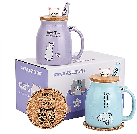 DONGSHANGIFT Juego de 2 tazas de gato Taza de Té Gato Taza de Cerámica con Tapa y Cuchara Kawaii Tazas para Mujer 500ml Navidad Cumpleaños Taza Regalo Gato (Morado y Azul)