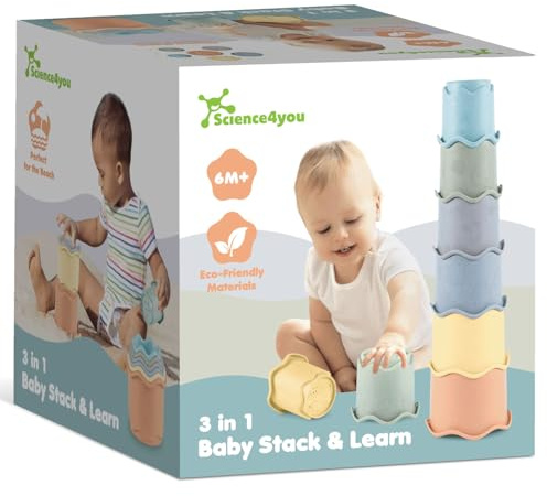 Science4you Gobelets Empilables Bébé 3 en 1 – Jouet Bébé Empilable avec 6 Gobelets, Bain Plage Intérieur, 6 9 12 Mois+