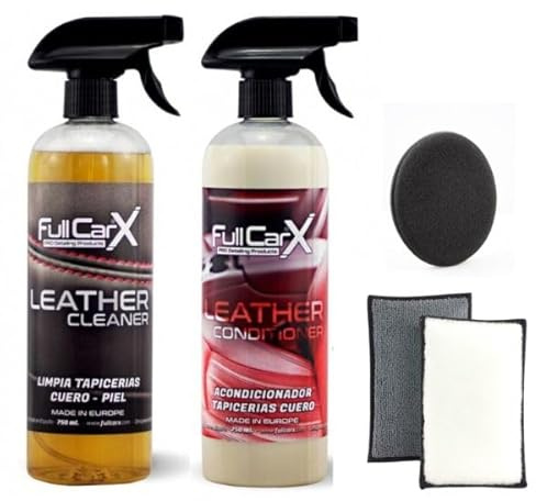 AutoFullCar - Kit Limpieza FullCarX Tapicería Piel y Cuero con accesorios - Limpieza y Acondicionamiento de Asientos e Interiores - Limpiador e Hidratante Piel Cuero 2 x 750 ml. - Válido para el hogar